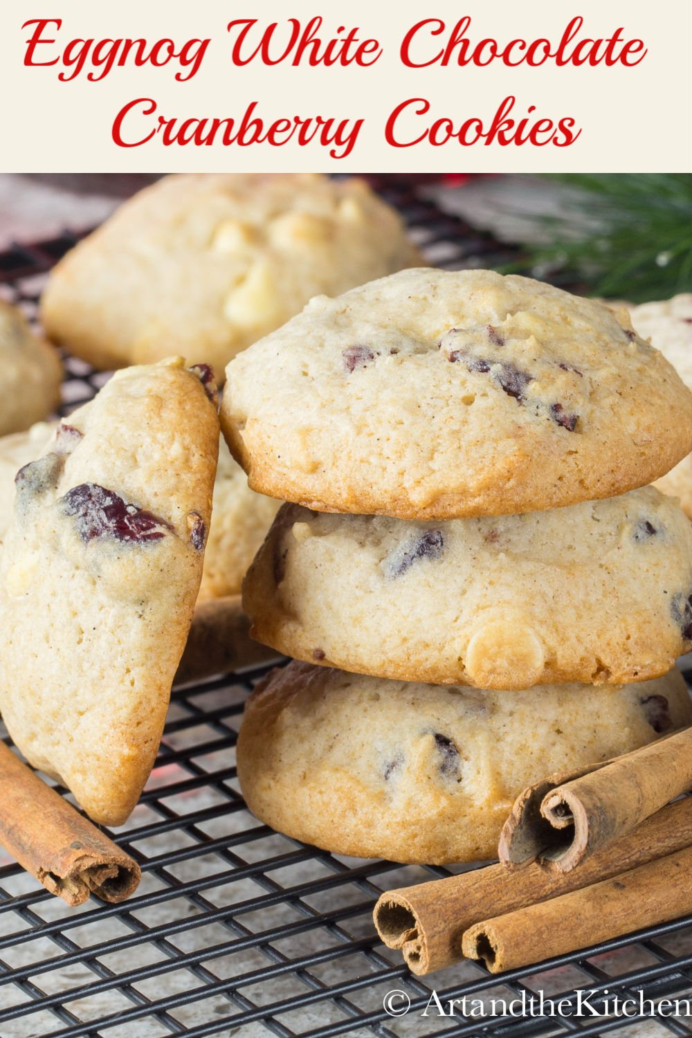 The perfect Christmas cookie recipe!  Eggnog White Chocolate Cranberry Cookies are loaded with delicious Holiday spice flavor, dry cranberries and white chocolate chips. via @artandthekitch