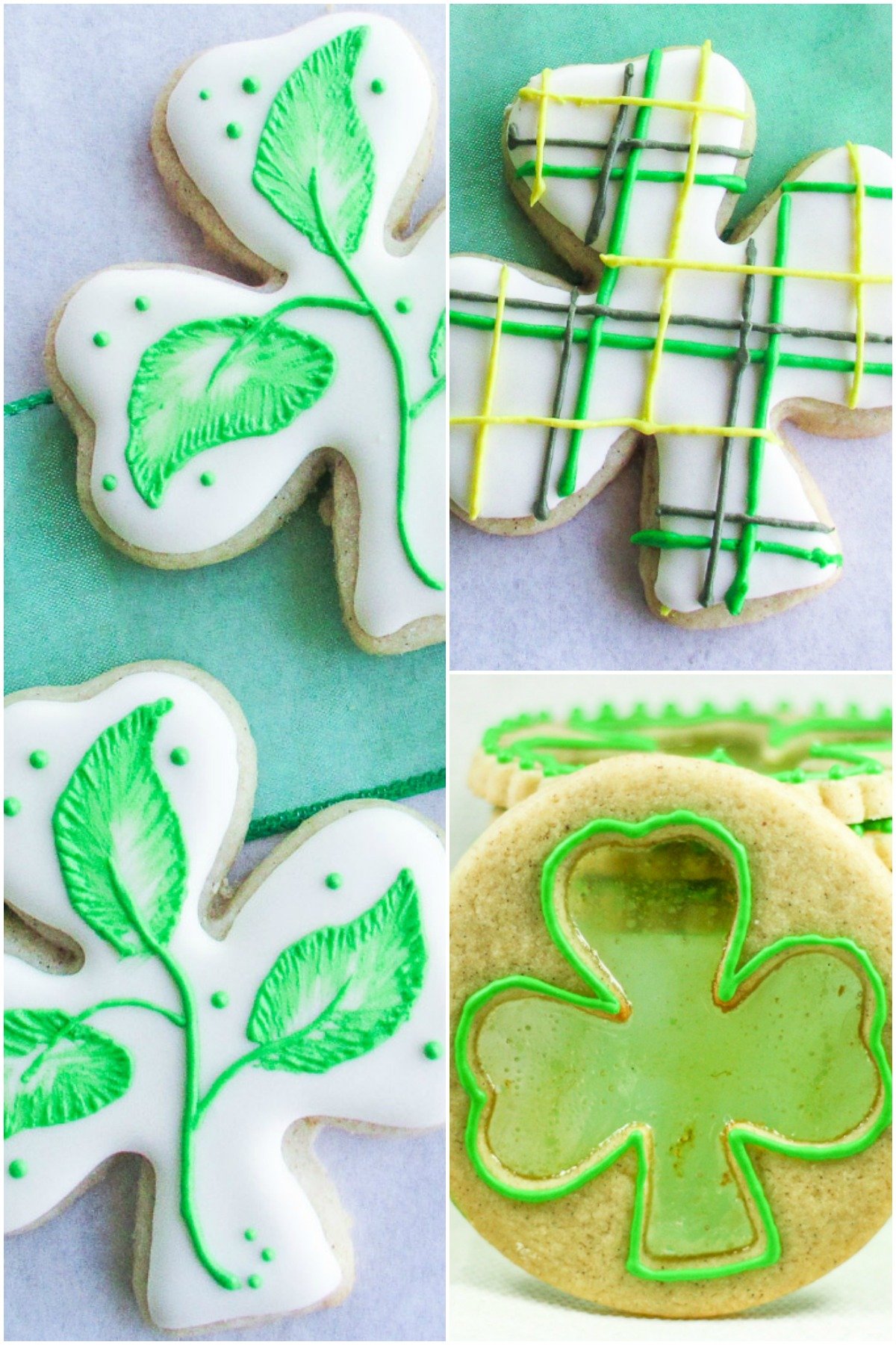 Shamrock shaped sugar cookies decorated with royal icing.