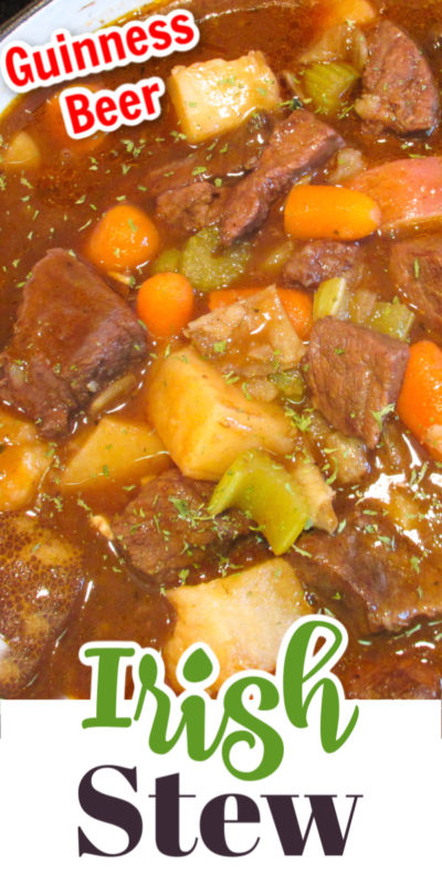 Pot of Irish beef stew with carrots, potatoes, celery in brown gravy.