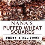 Stack of puffed wheat squares on a white decorative plate, and glass cake pan of squares.