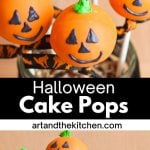 Five orange colored cake pops decorated like jack o lanterns displayed in a decorative jar.