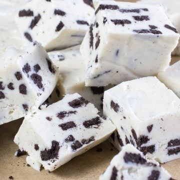 Cubes of fudge made with oreo cookie pieces.