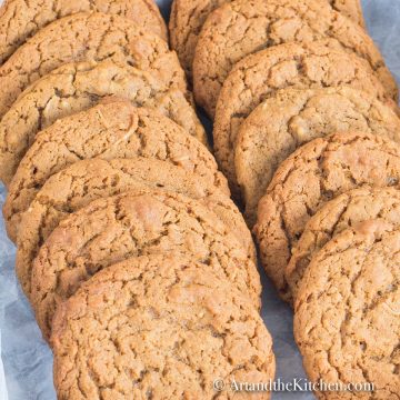 Box filled with rows of molasses cookies.