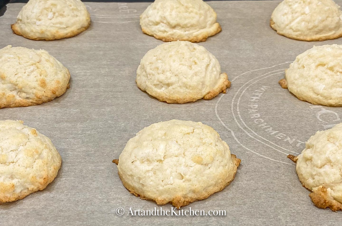 Fluffy sugar cookies freshly baked on parchment lined baking sheet.