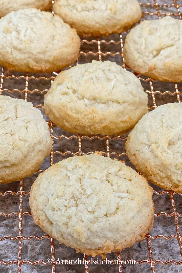 Copper baking rack filled with coconut sugar cookies.