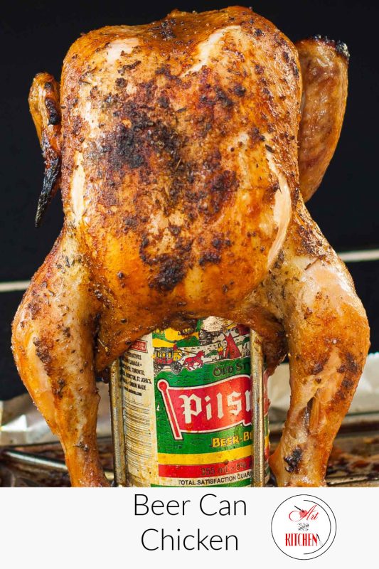 Roasted chicken on beer can chicken roasting stand.