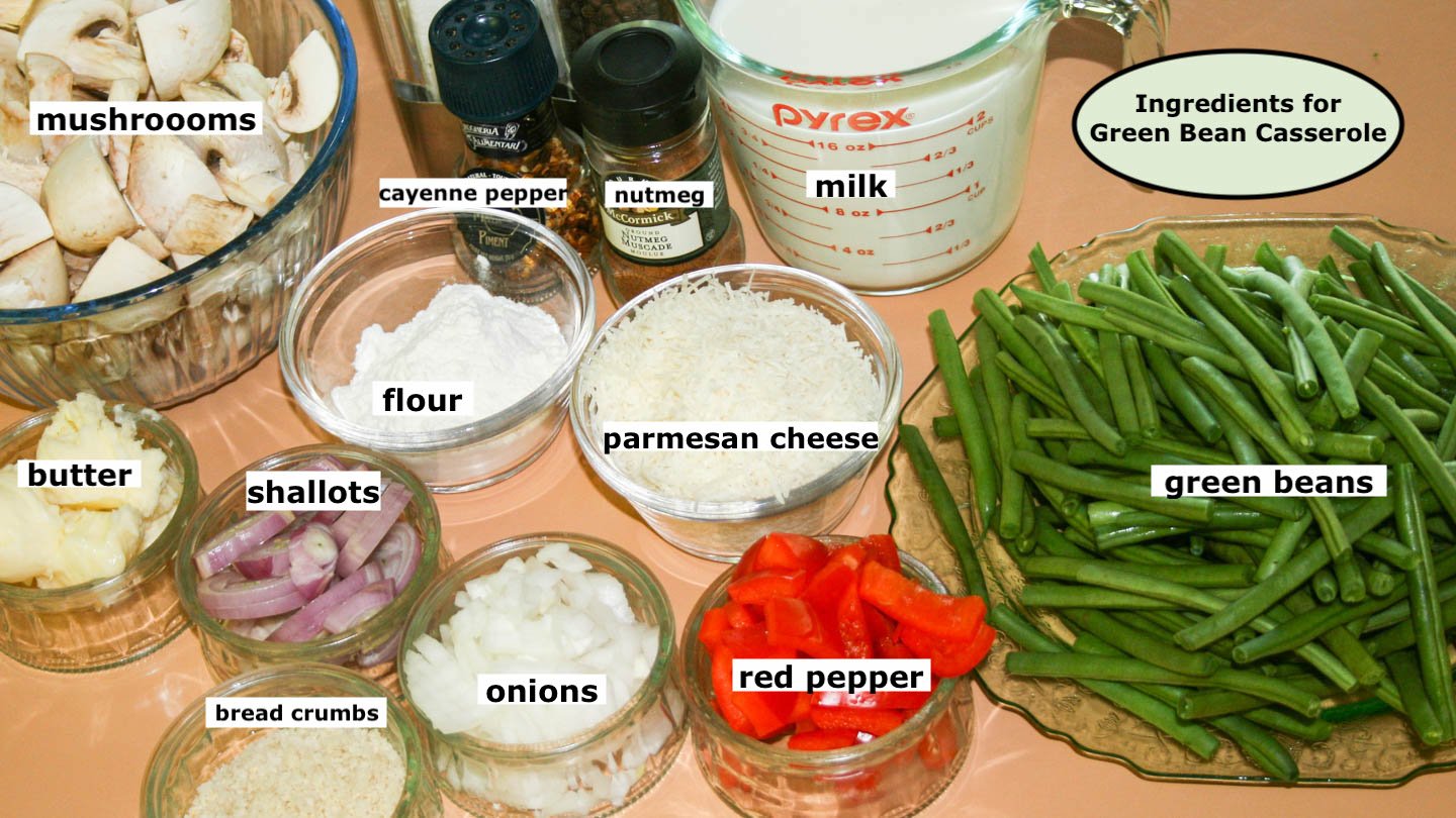 Ingredients measured in bowls for green bean casserole