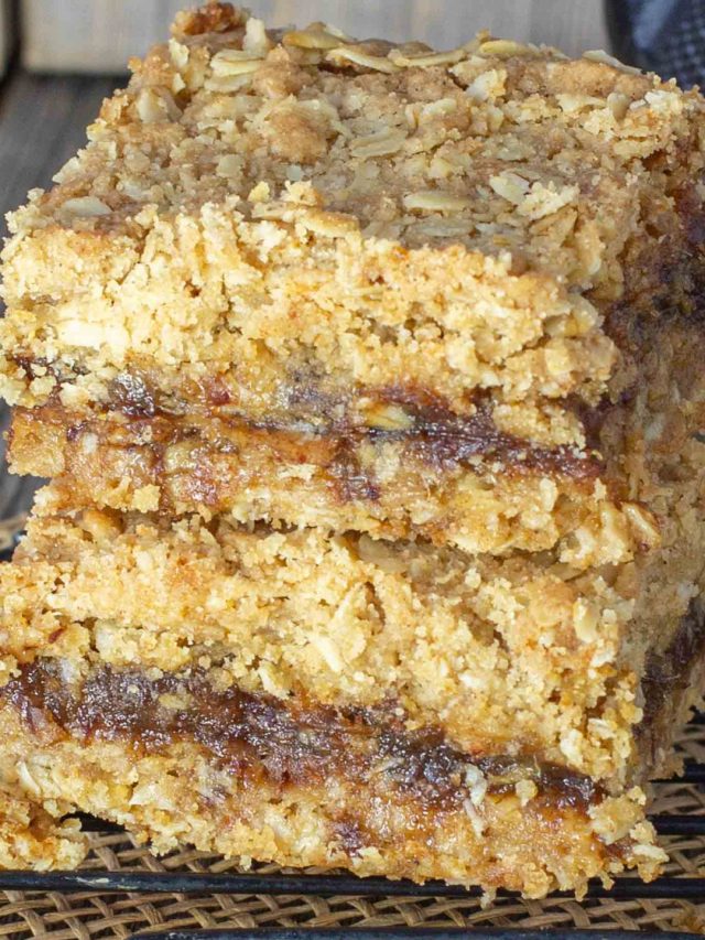Stack of two date squares on wire baking rack.