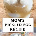 Brine being poured over hard boiled eggs in glass jar and measured ingredients displayed.
