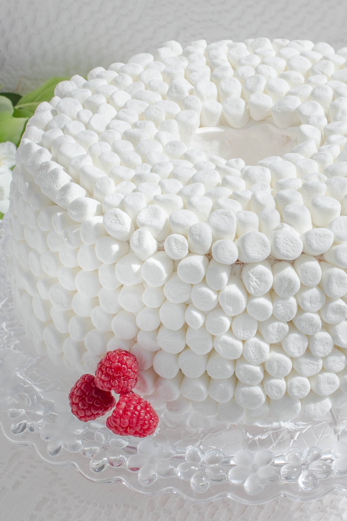 Angel food cake decorated with white miniature marshmallows and garnished with 3 fresh raspberries.