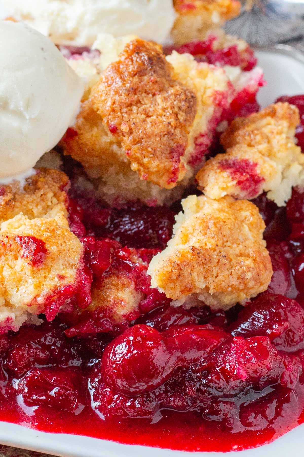 Sour cherry filling topped with golden biscuit crust and a scoop of ice cream.