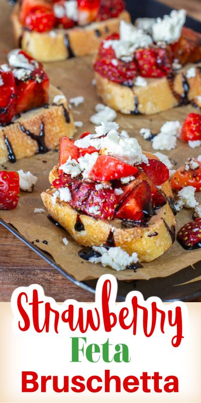 Slices of baguette topped with strawberries, feta cheese drizzled with balsamic glaze.