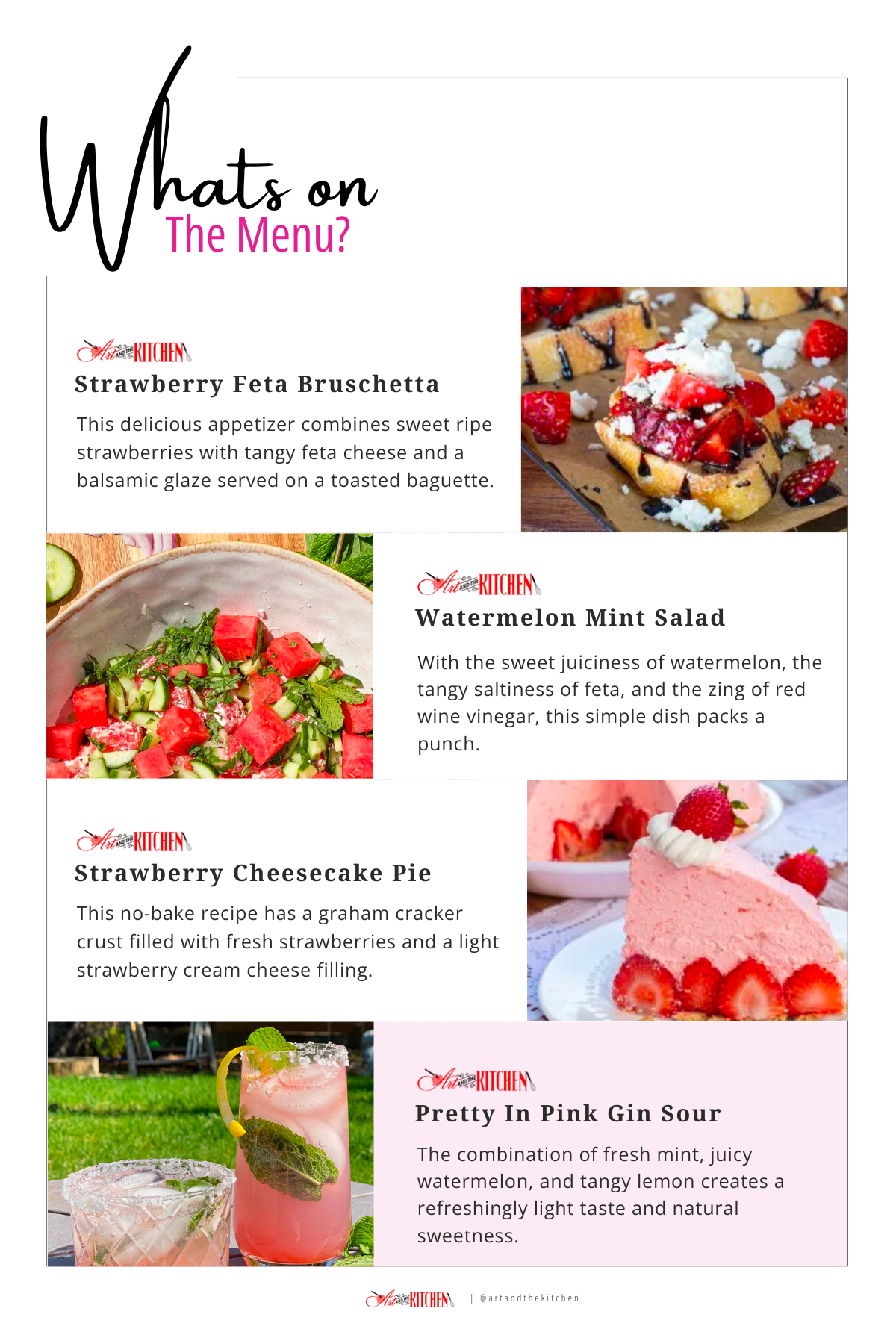 Menu of 4 recipes, Bruschetta, watermelon salad, strawberry pie and pink cocktail. 