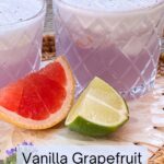 Short bar glasses of pink cocktail with foam topping, background of wedges of grapefruit and lime.