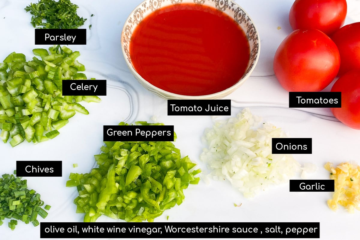 Display of ingredients for making Gazpacho.