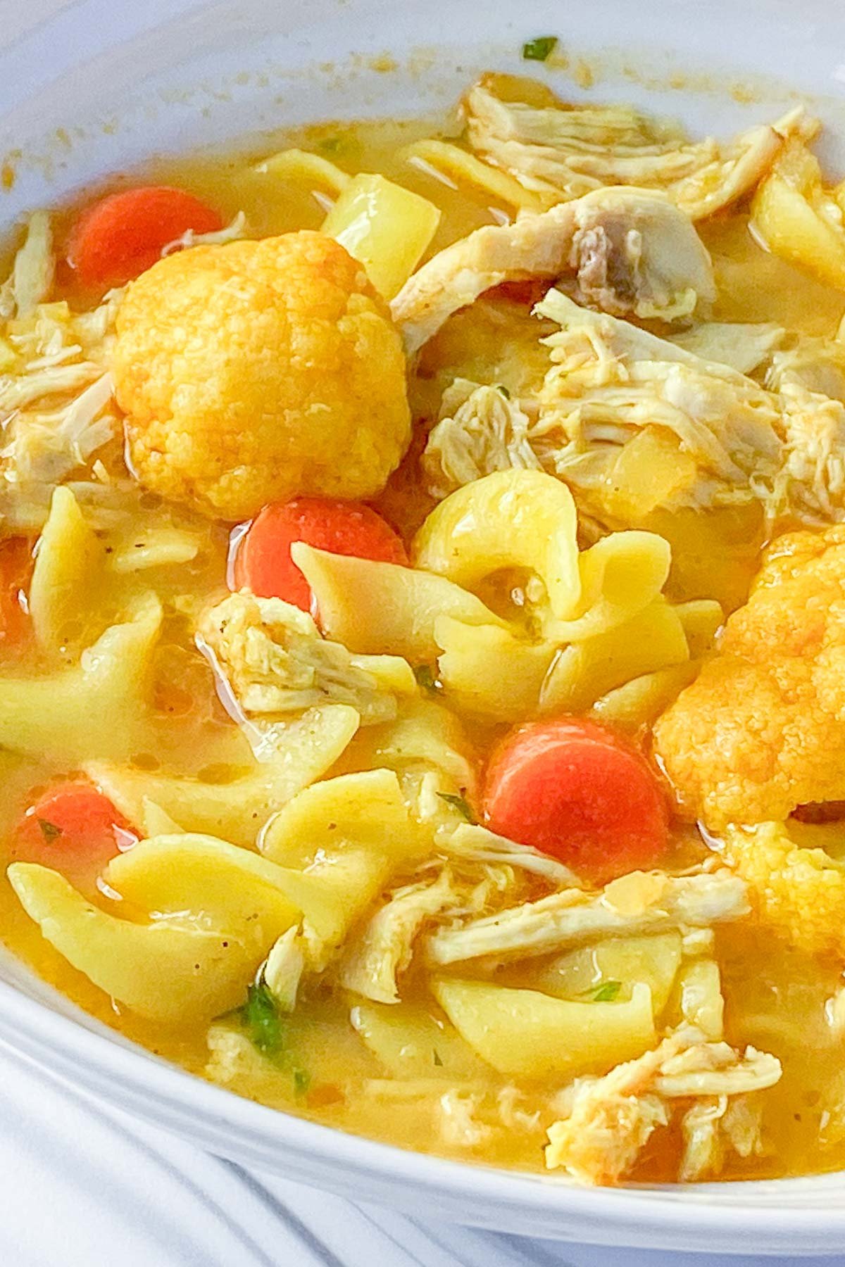 Bowl of soup with chicken, cauliflower, carrots and broad noodles.