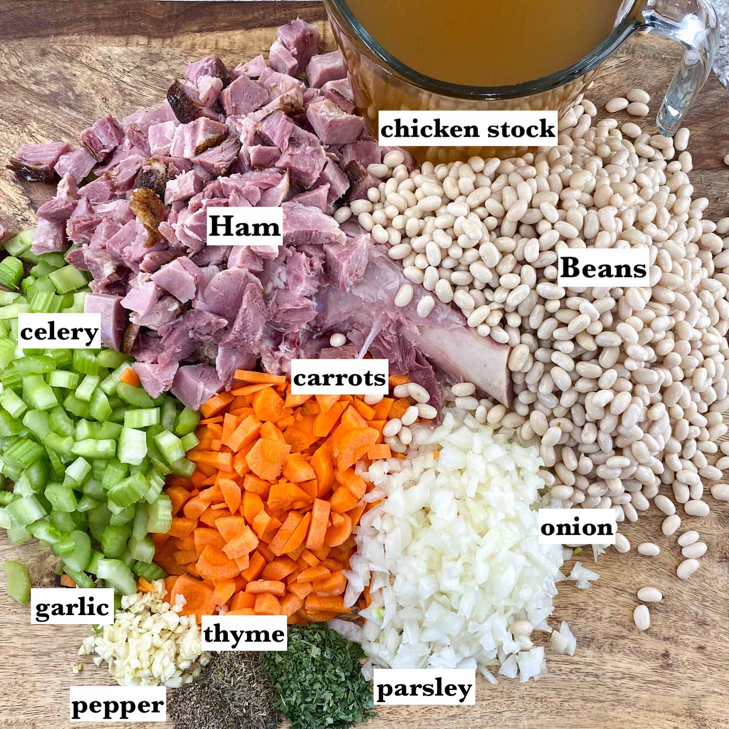 Measured ingredients for making ham and bean soup.