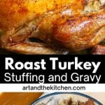 Whole roasted turkey with bowl of stuffing and gravy boat.