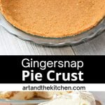 Pie crust made with gingersnaps in a glass pie plate and layered pumpkin pie.