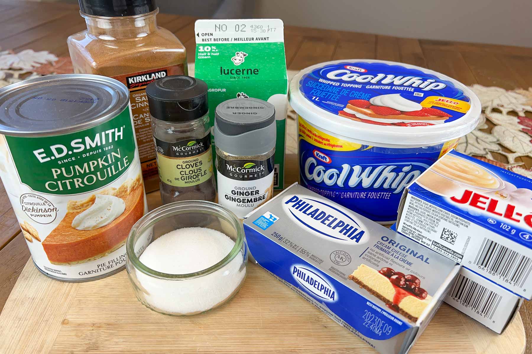 Ingredients for making a no bake triple layer pumpkin pie.