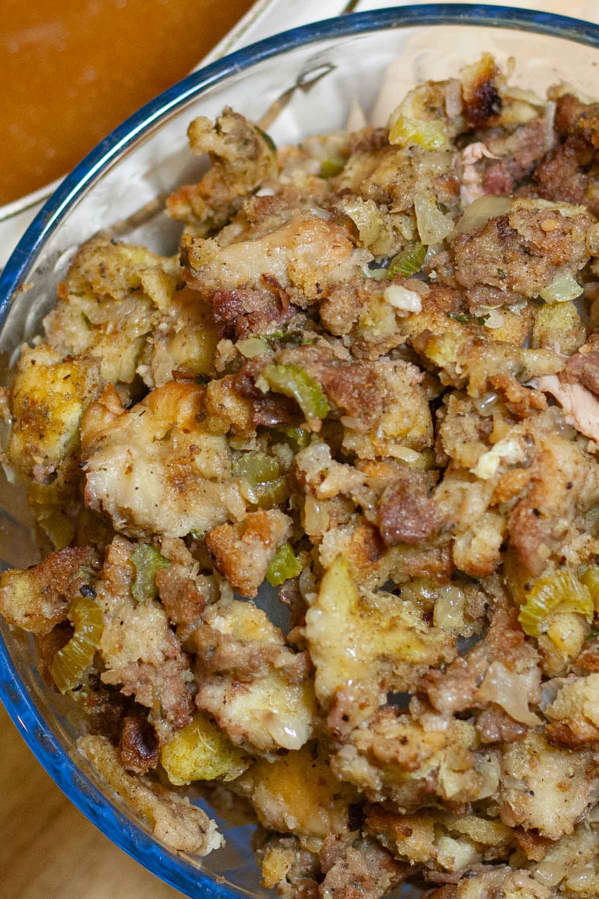 Glass bowl of turkey stuffing