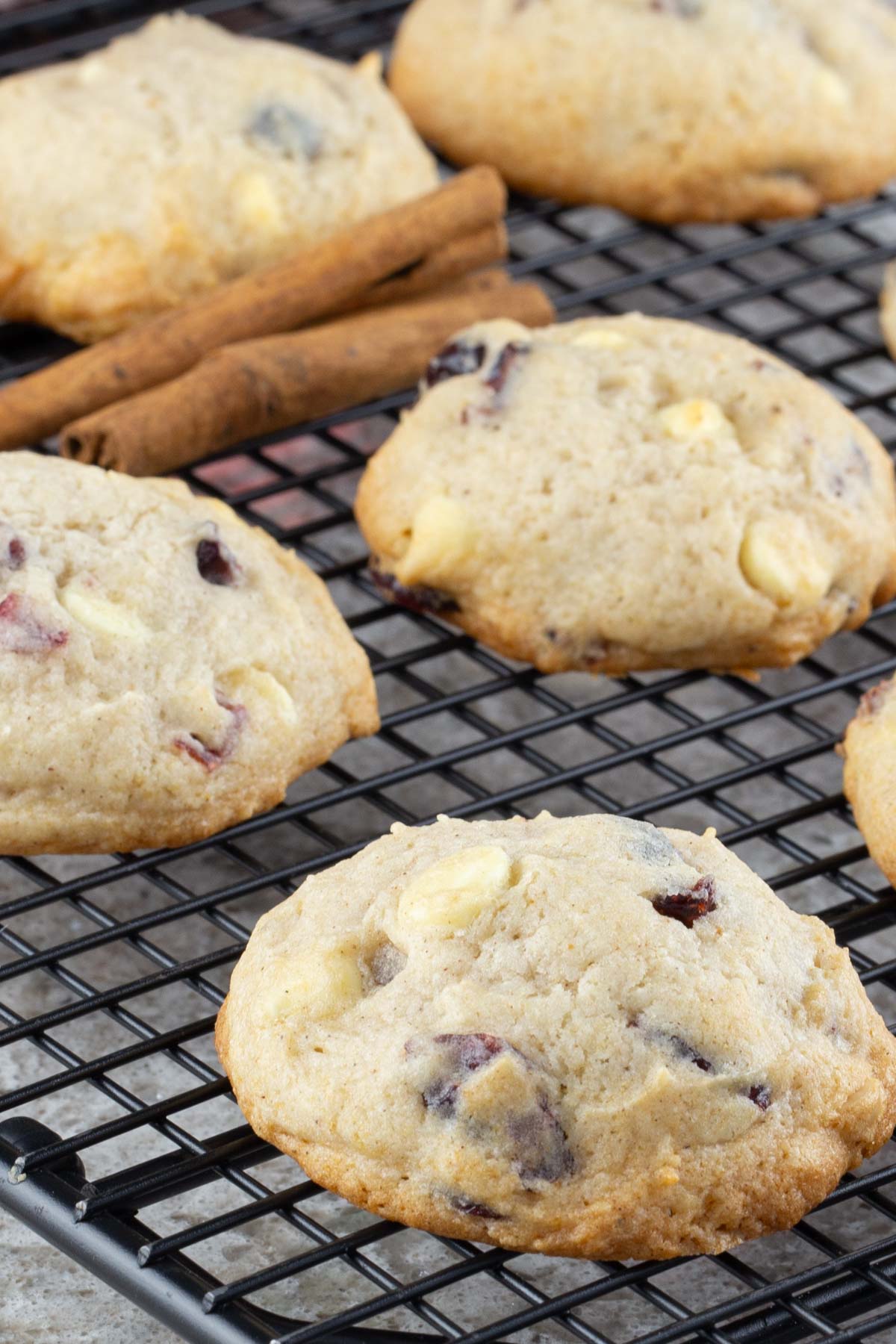 Fluffy cookies with eggnog and cranberries on cooling rack with cinnamon sticks.