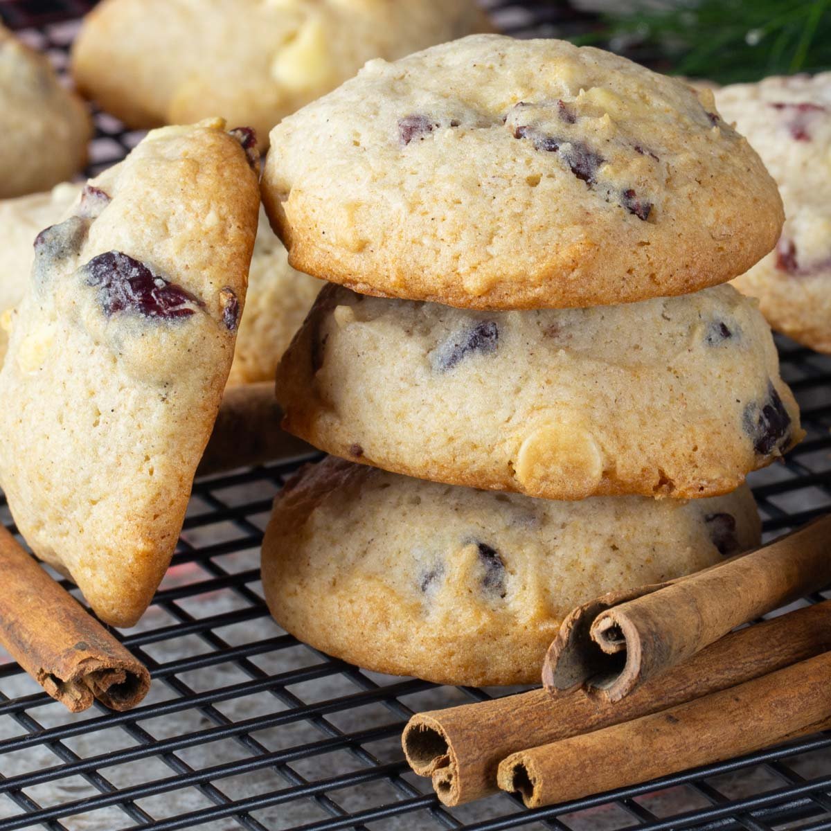 Fluffy cookies with eggnog and cranberries on cooling rack with cinnamon sticks.