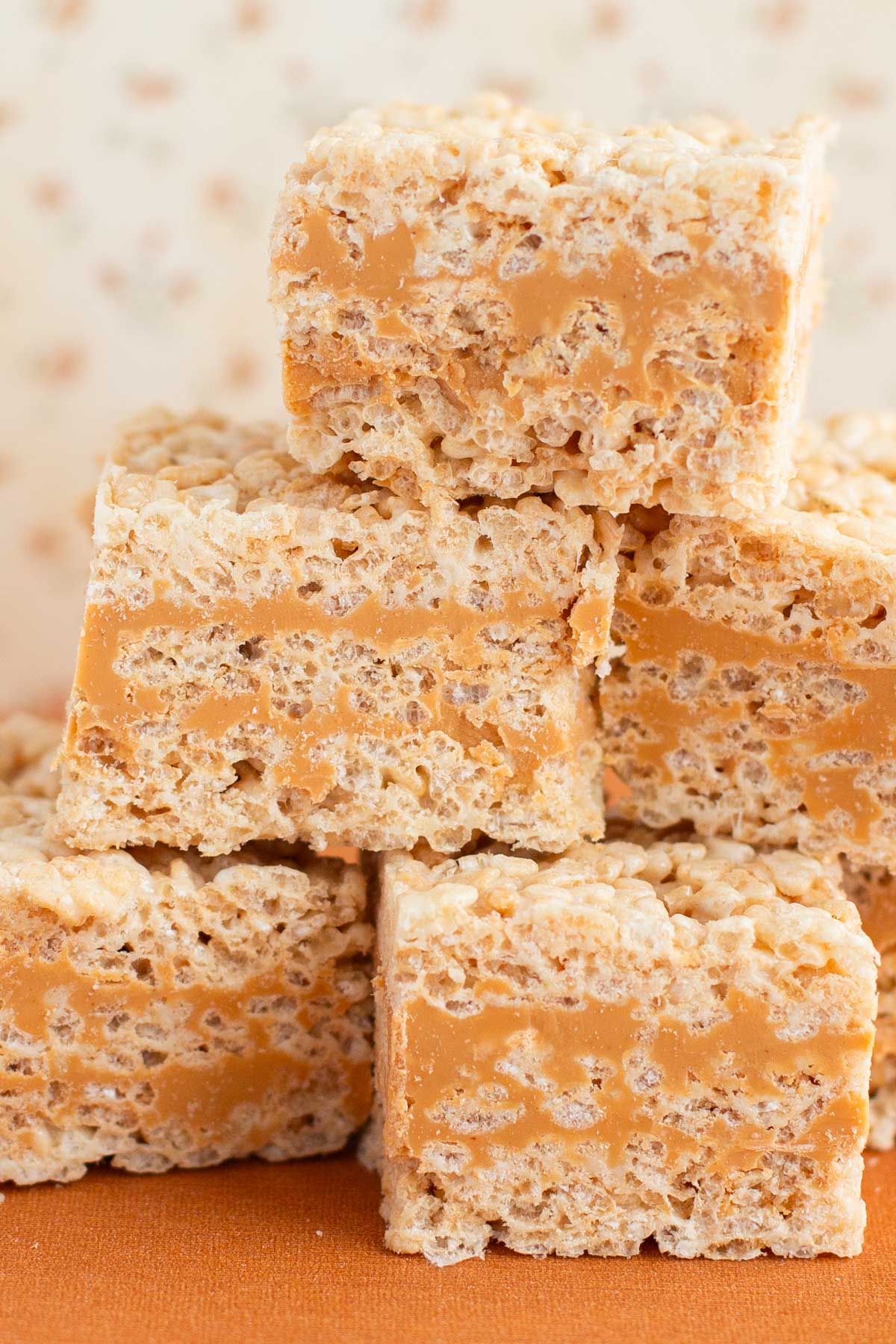 Stack of Rice Krispie squares with a butterscotch center.