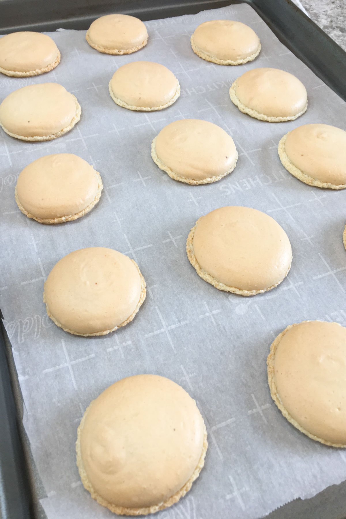 Macaron shells on parchment lined baking sheet.