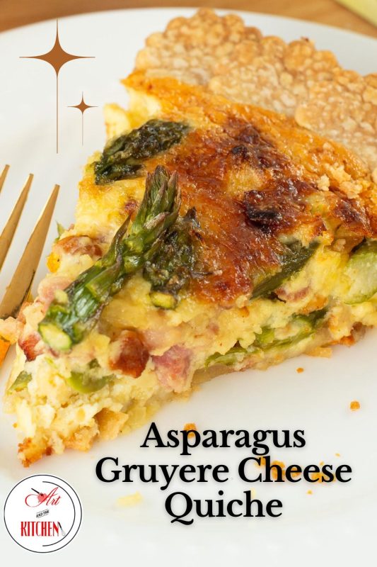 Slice of asparagus and cheese quiche on white plate.