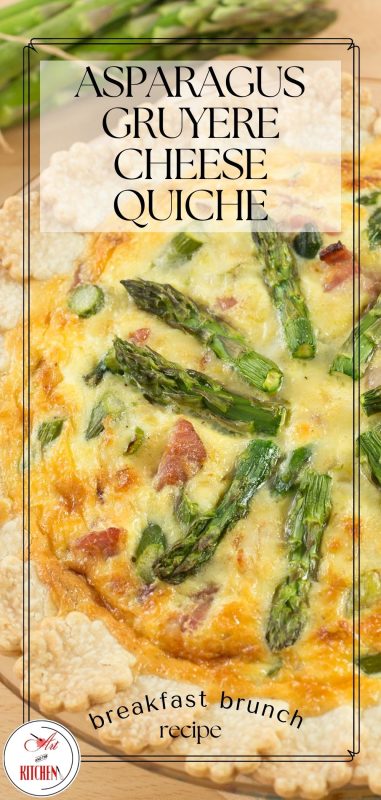 Quiche topped with asparagus spears in glass pie plate.