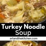 A hearty turkey noodle soup with chunks of turkey, carrots, celery and egg noodles served with copper ladle.