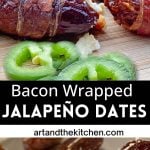 Crisp bacon-wrapped dates stuffed with cheese are placed on a wooden board. Sliced jalapeños along side.