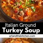 A bowl of colorful Italian Ground Turkey Soup with chunks of turkey, carrots, celery, and tomatoes, garnished with green onions.