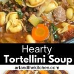 Dutch oven of a hearty soup with tortellini, ground meat, carrots, zucchini, and spinach in a rich, tomato-based broth.