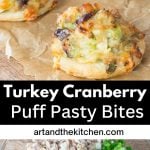 Rows of small, round pastries topped with chopped turkey, melted cheese, celery, green onions, and cranberries on brown parchment paper. Glass bowl of ingredients.