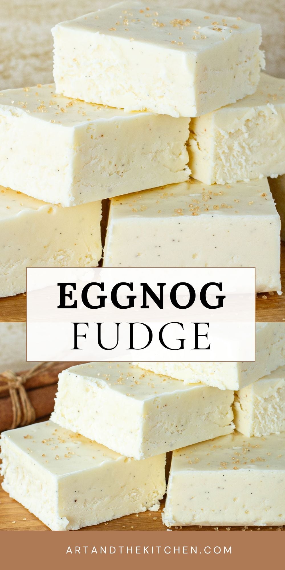 Stack of creamy white eggnog fudge squares topped with sugar crystals, placed on a wooden surface.