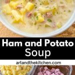 A bowl of creamy ham and potato soup garnished with herbs. Below are diced ingredients: ham, potatoes, onions, celery, and garlic, on a wooden table.