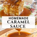 Glass serving dish filled with caramel sauce pouring sauce over bread pudding.