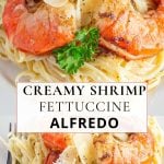 A plate of creamy linguine topped with three large grilled shrimp, garnished with parsley and shaved Parmesan cheese.