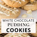 A plate of white chocolate pudding cookies drizzled with white chocolate. One cookie has a bite taken, revealing a soft texture.