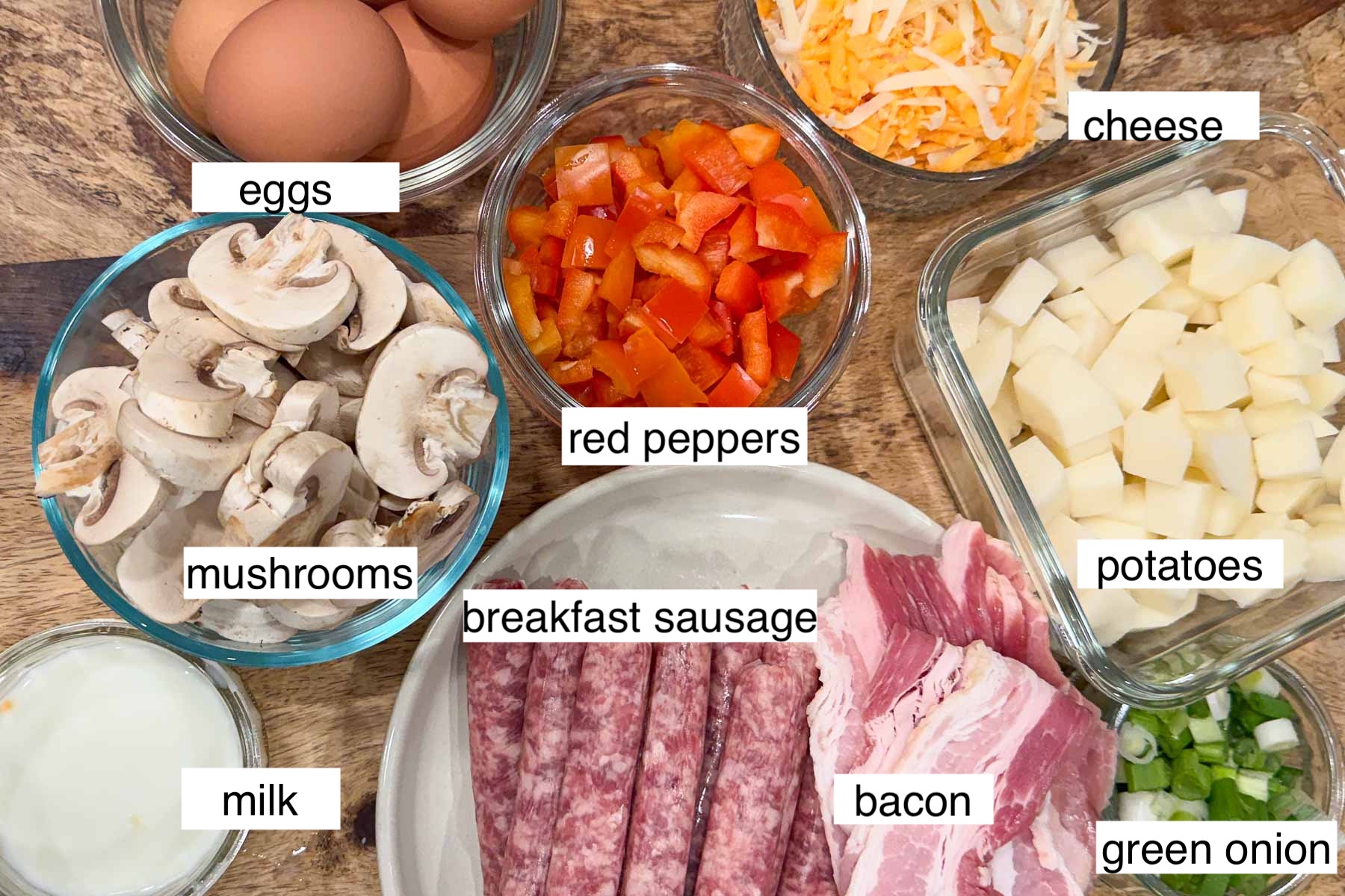 A wooden table displays labeled bowls of breakfast ingredients: eggs, red peppers, cheese, potatoes, mushrooms, green onion, milk, breakfast sausage, and bacon.