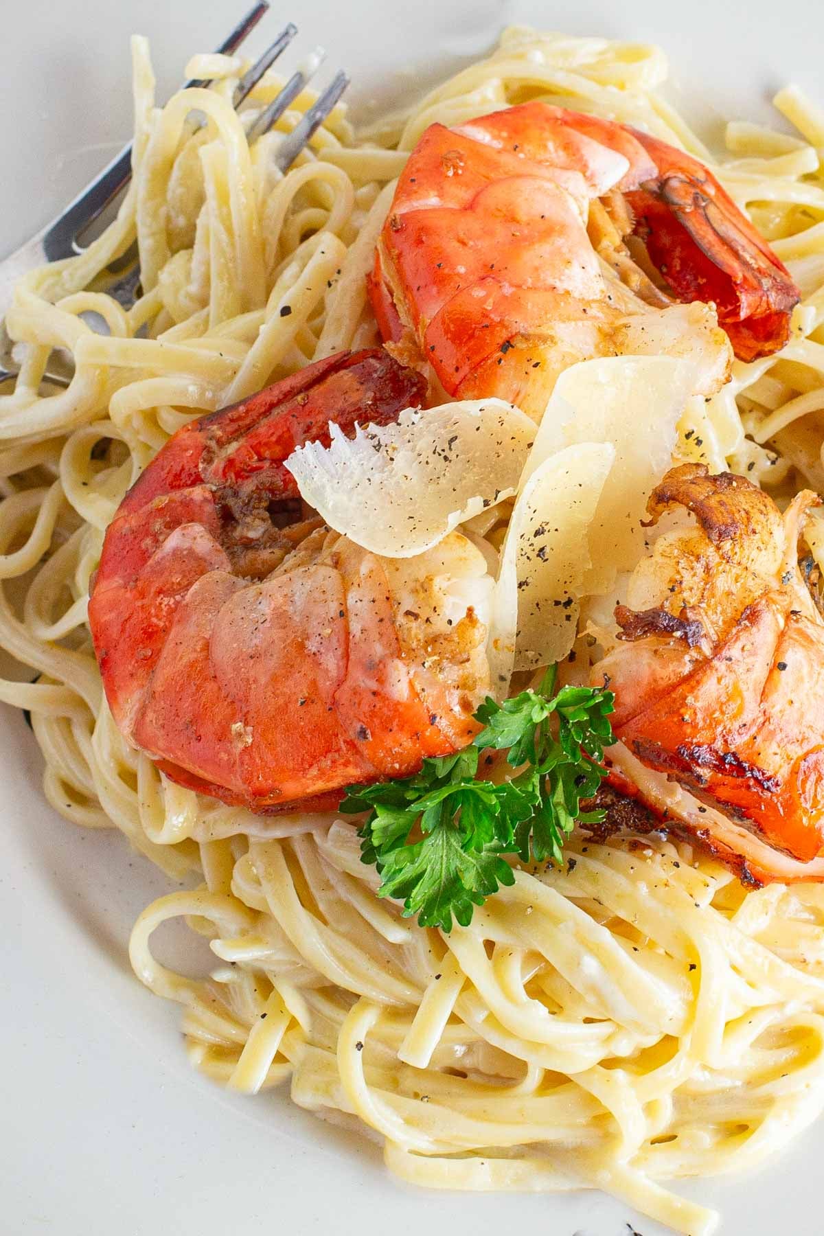 A plate of creamy linguine topped with three large grilled shrimp, garnished with parsley and shaved Parmesan cheese.