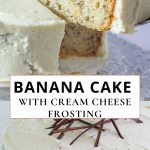 A slice of banana cake with white frosting is lifted from a cake decorated with chocolate slivers on a crystal platter.