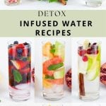 Colorful infused water glasses lined up, each filled with assorted fruits like kiwi, berries, citrus, and herbs like mint.