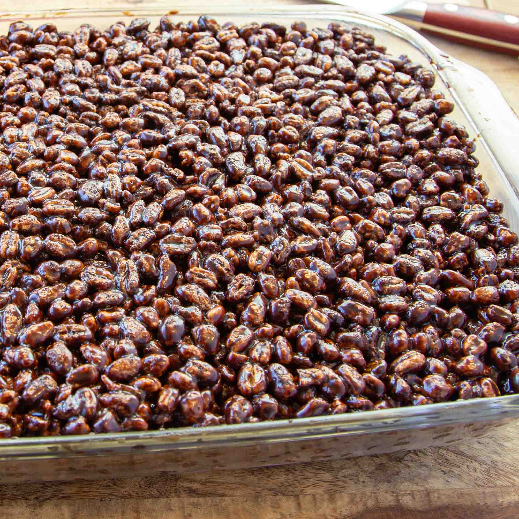 Glass cake pan of chocolatey puffed wheat squares.