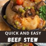 A savory bowl with beef stew, carrots, peas, and mushrooms in a baked bread bowl, garnished with fresh parsley.