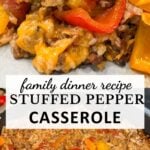 Serving of casserole of stuffed peppers, rice and ground beef on a white plate.