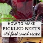 Glass jar of pickled beets on black cooling rack. Below photo has beets cut into cubes.