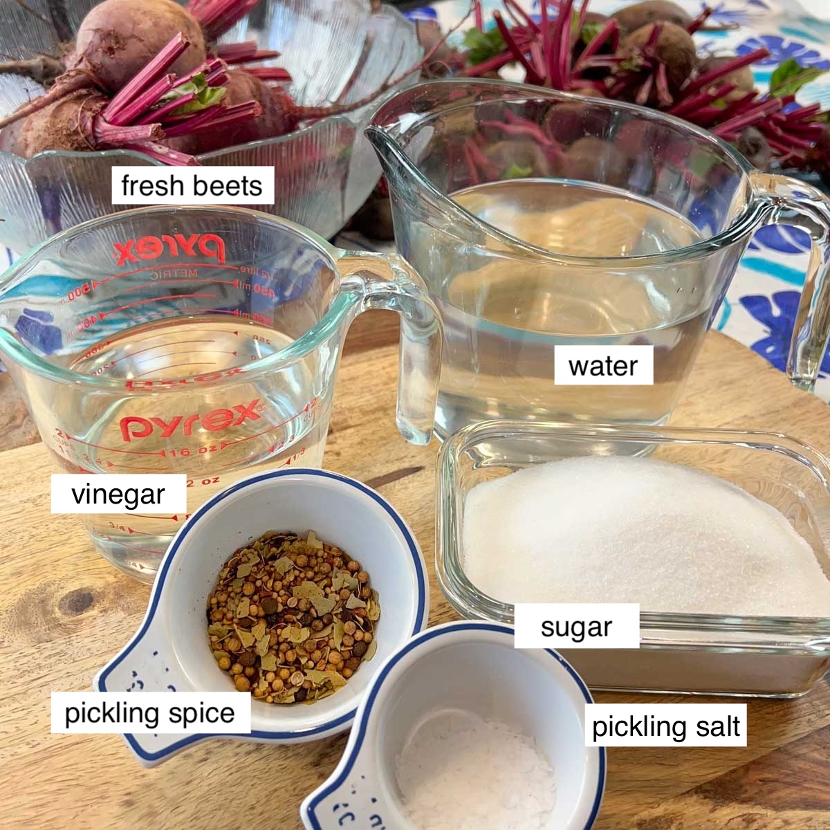 Ingredients measured in preparation for making pickled beets.